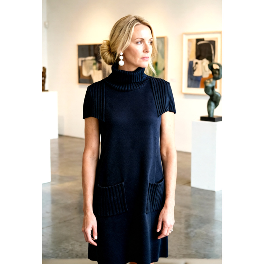 Vintage Calvin Klein Classic Grey Winter Shift dress Pockets Cowl Neck One Size